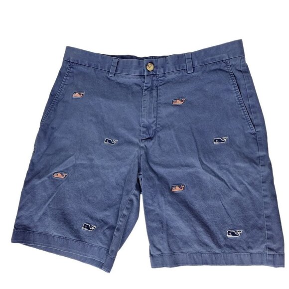 Vineyard Vines Breaker Chino Shorts Size 35 Navy Blue Embroidered Whale Flag - Picture 1 of 5